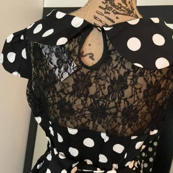 Hearts & Roses London Black White Polka Dot Lace Cap Sleeve Swing Dress EUC 14 - Picture 7 of 7